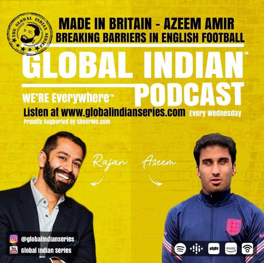 Podcast cover on changing social stigmas -Rajan Nazran stands next to England Football player Azeem Amir